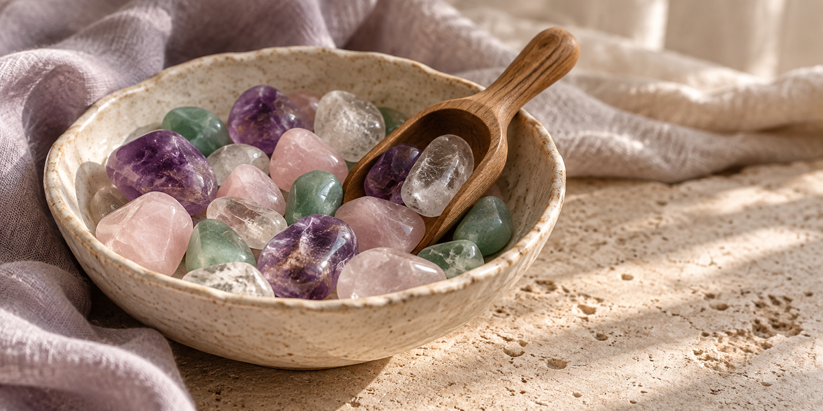 A ceramic bowl of polished crystals with a wooden scoop