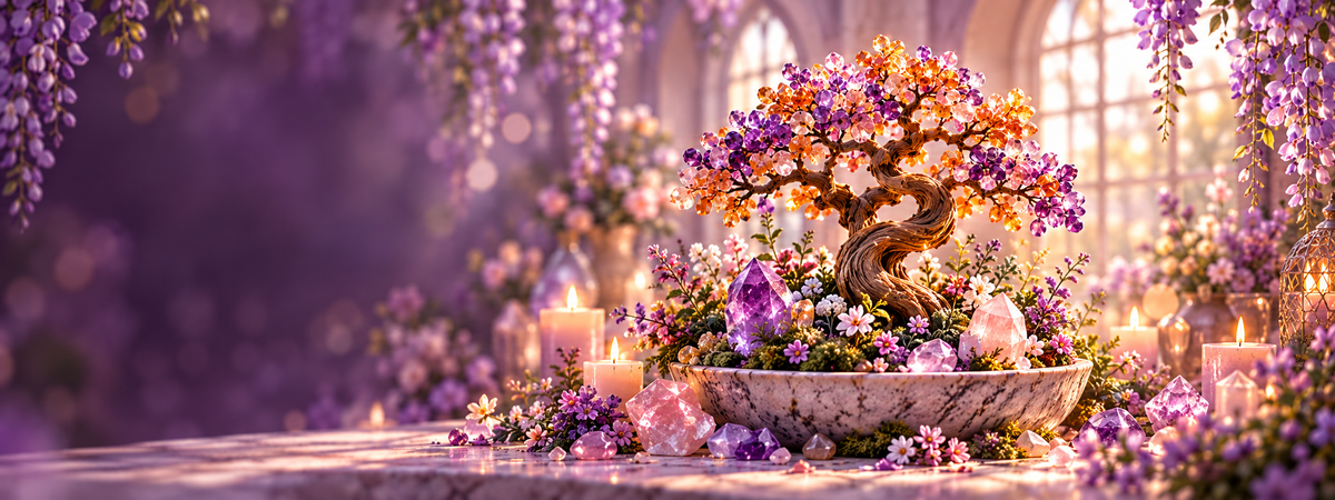 Crystal arrangement in a softly lit setting